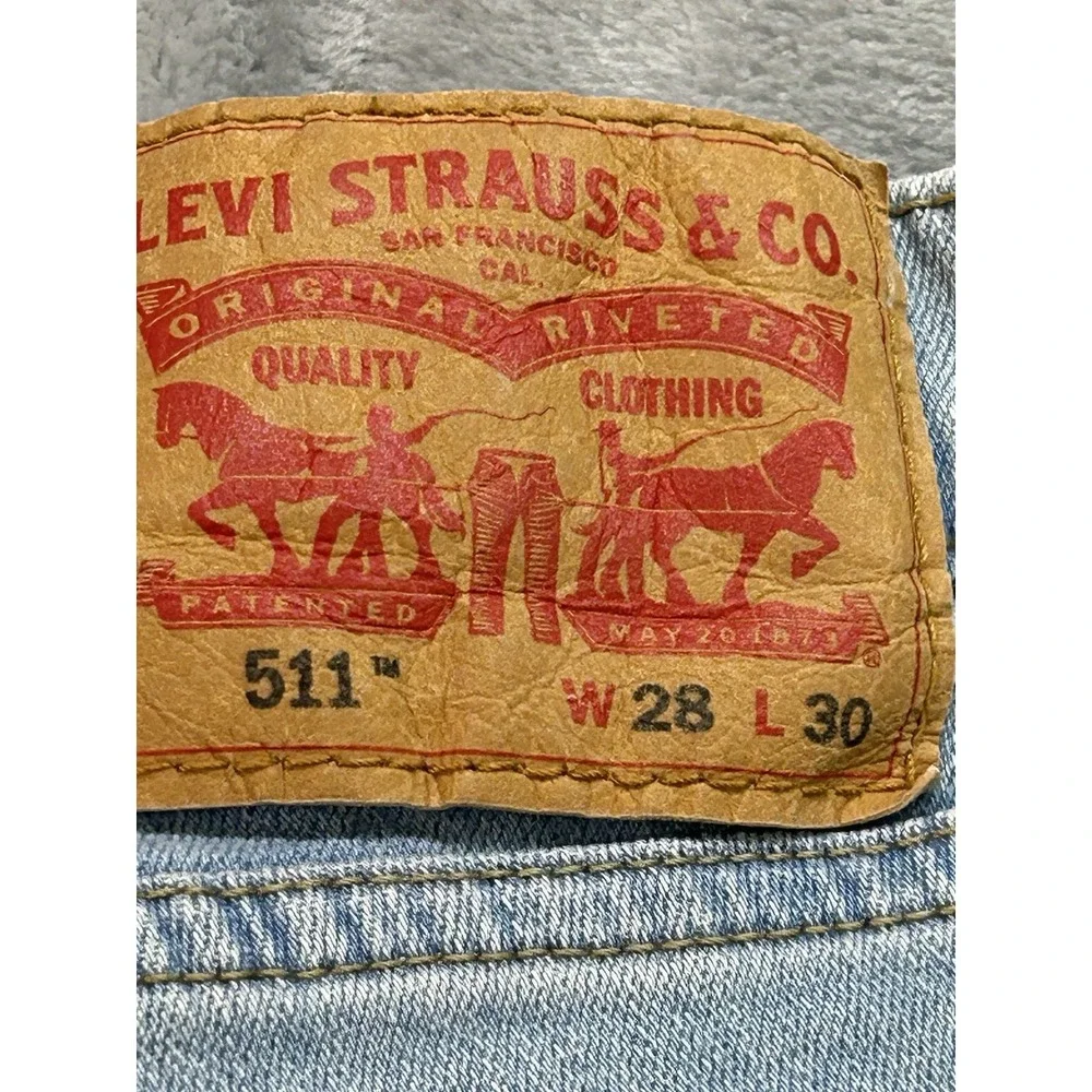 Levis 511 Jeans Mens Sz 28x30 Blue SLim Fit Whiskered Distressed Stretch Guys
